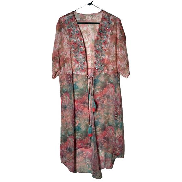 Soft Surroundings Primavera Sheer Swimcover Embroidered Sequin Ties Kimono XL - Picture 1 of 16